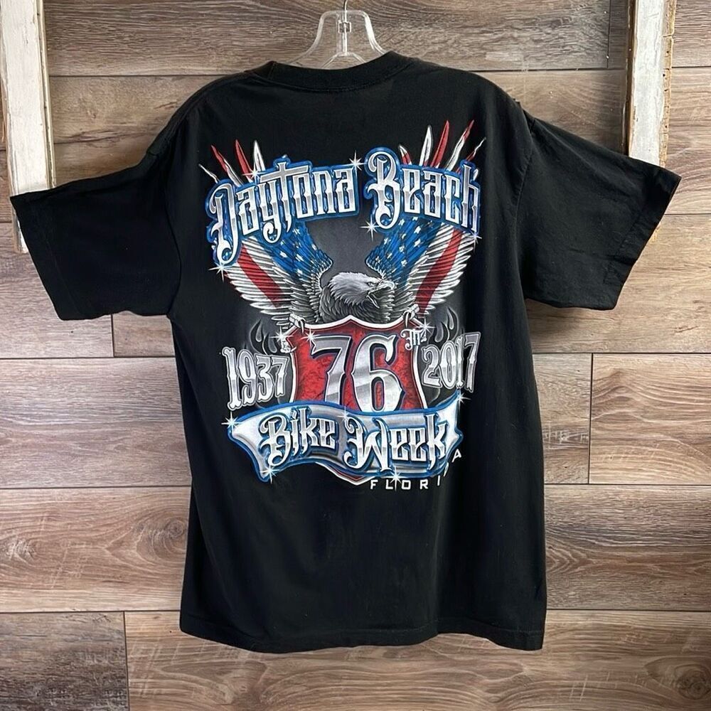 SUNA Harley Davidson Daytona Beach 2017 Black Tshirt Size Large FLAWS READ